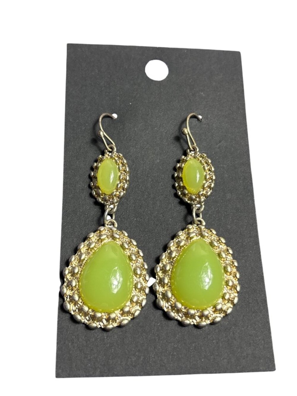 Vintage Y2K Goldtone Textured Teardrop Dangle Earrings Green Cabochons 2 inches